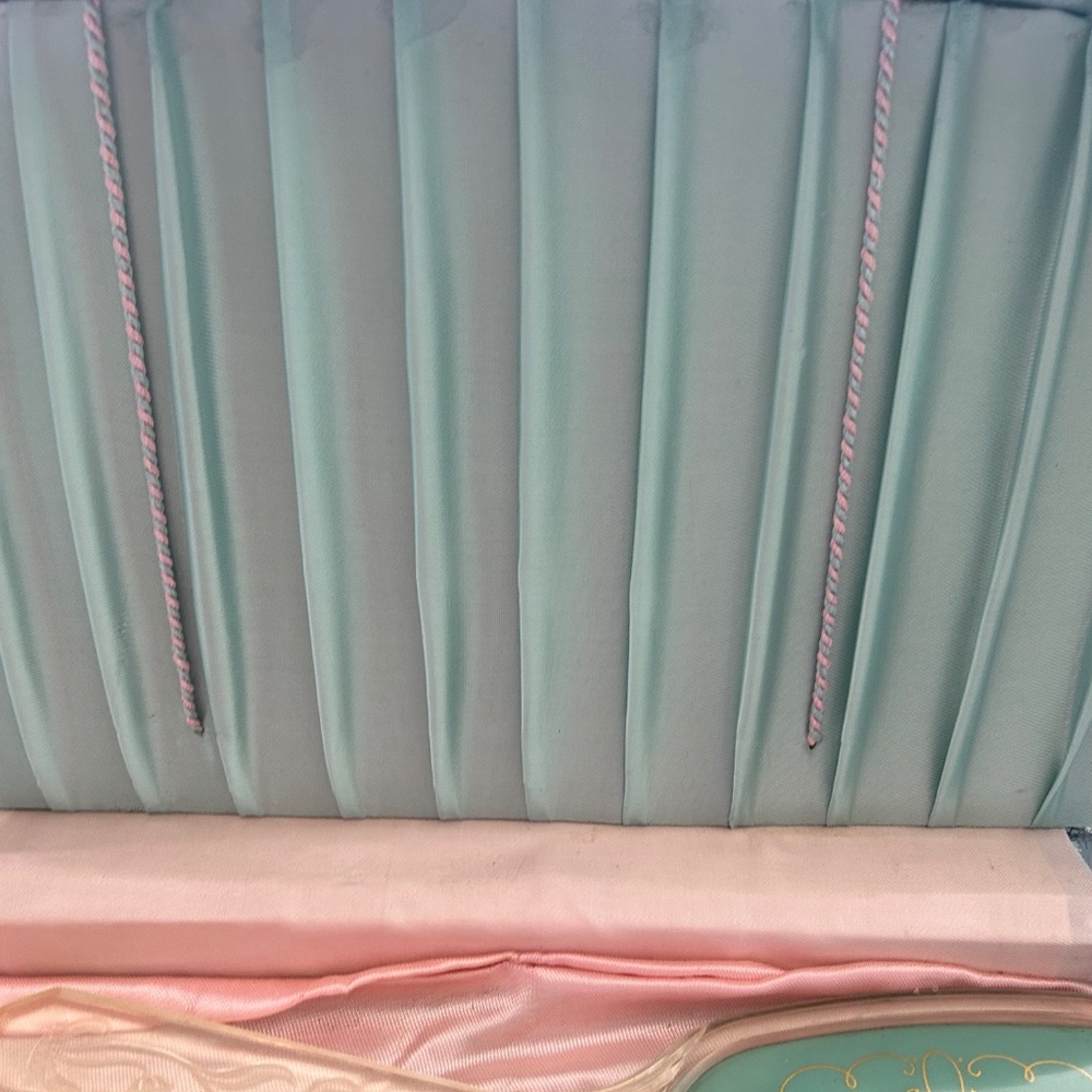 Vintage Green and Pink Vanity Mirror & Brush Set In Blue Fabric Covered Case - Picture 5 of 7